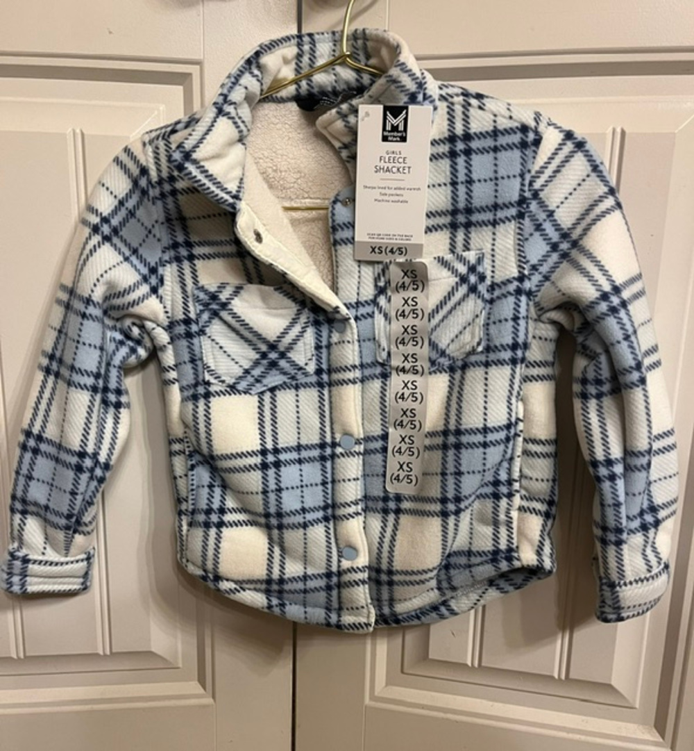 Member's Mark Girls Fleece Shacket Plaid Sherpa Lined Blue White XS 4/5